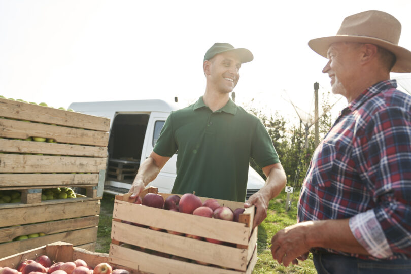 Orchard Senior Farmer And Sales Representative Chatting Over Box Full Of Apples