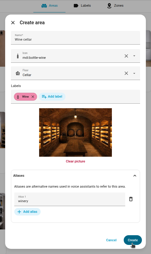 Create area dialog
