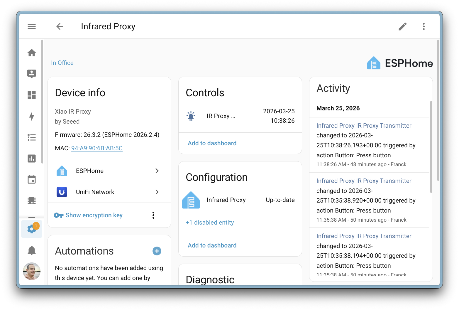 Screenshot of the Infrared Proxy device page in Home Assistant, showing the Seeed XIAO IR Proxy by Seeed running ESPHome, with its infrared transmitter entity and activity log.
